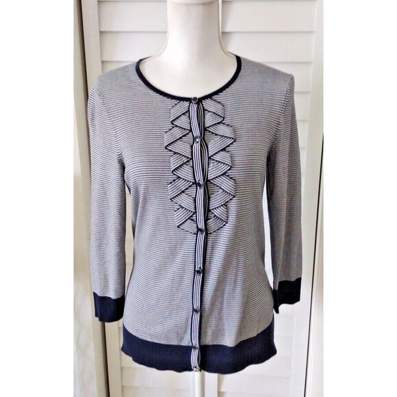 Talbots Blue White Striped Ruffle Front Cardigan Cotton Rayon Blend Women's Sz S - Picture 1 of 10